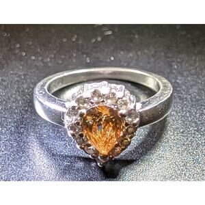 Orange Teardrop Crystal CZ Surround 925 Sterling Ring Size 7.75